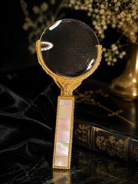 Vintage Mother of Pearl Handled Magnifying Glass Gold Tone Vanity Desk Decor